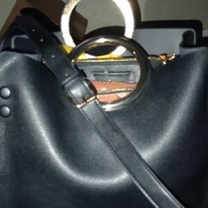 Elegant Black Leather Handbag Crossbody With Gold Tone Bracelet Handles